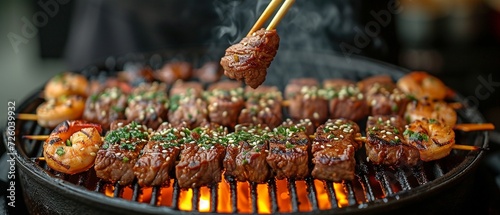 barbecue party in the Japanese style. Grasping Wagyu beef and prawns barbecued on a hot charcoal grill with chopsticks in a mall restaurant photo