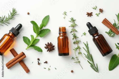 White background with selection of essential oils and herbs peppermint rose melissa thyme rosemary cinnamon clove thuja