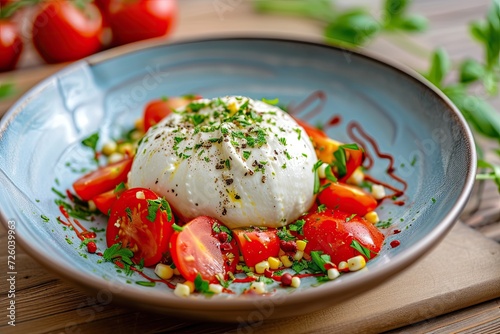 Fototapeta Naklejka Na Ścianę i Meble -  Italian Apulia Burrata cow milk cheese served with tomato and corn salad in Nordic bowl with modern ceramic design