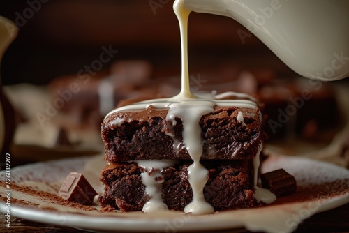 Diced brownie with sweet white sauce close up of leaks and drops photo