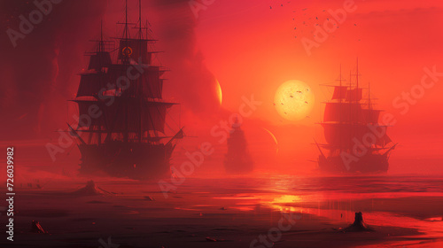 Ghostly Armada Sailing Under Eclipsed Sun - Fantasy Seascape Illustration 