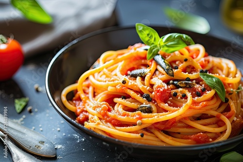 Tomato sauce and sardine topped Italian bucatini