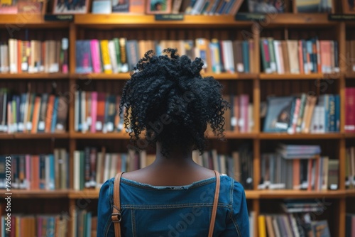 Black woman from behind looking at the shelf of books in a library, concept of knowledge, studies and learning.