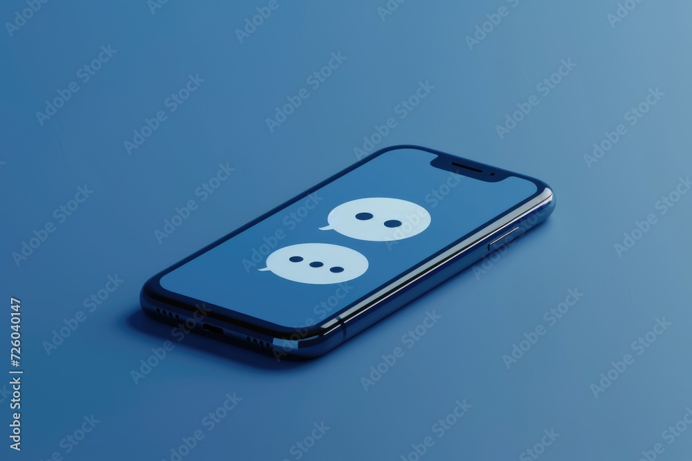 Chat bubble icon on cell phone screen, blue background, communication concept, online conversation. Chat bubble icon on cell phone screen, blue background, communication concept, online conversation.