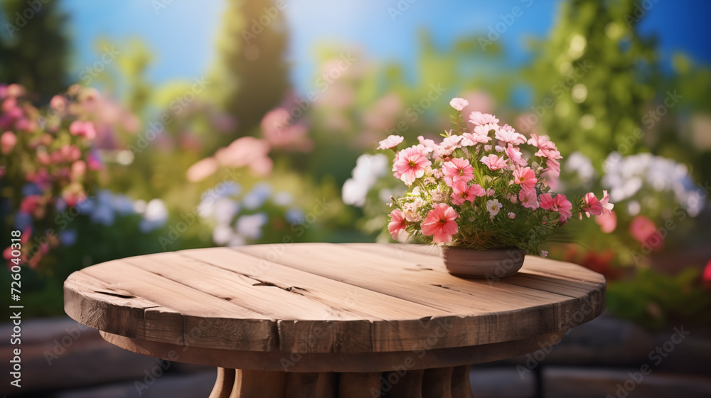 Wooden table on garden with floral decoration on the edge of the background. Spring background with wood texture, suitable for spring events. Wooden table on garden with floral decoration on the edge of the background. Spring background with wood texture, suitable for spring events.