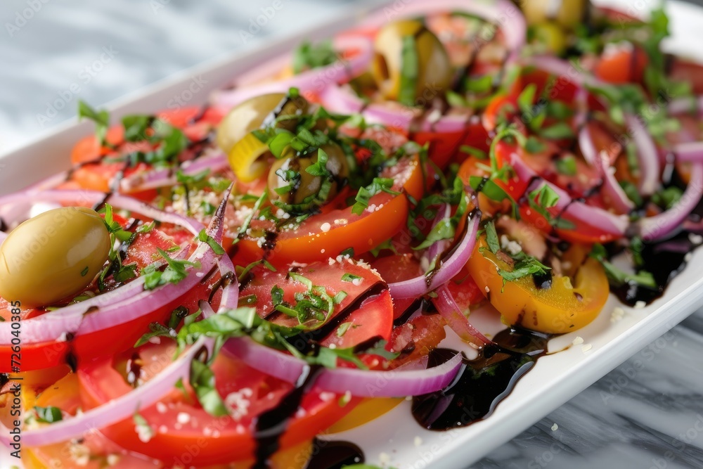 Heirloom tomato salad with onions olives herbs and balsamic glaze Heirloom tomato salad with onions olives herbs and balsamic glaze