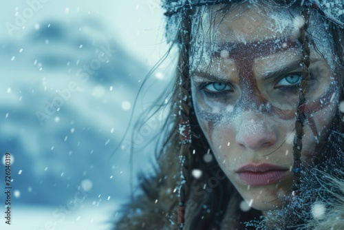 Norse warrior viking woman with falling snow, Norse mythology and fantasy concept.