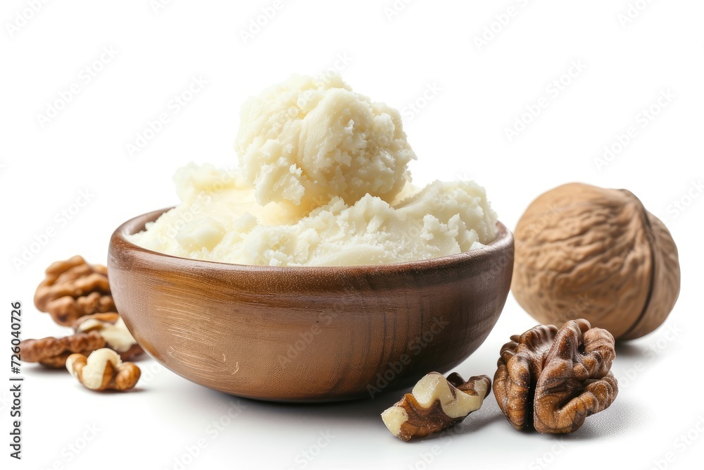 Isolated white bowl with shea butter and nuts Isolated white bowl with shea butter and nuts