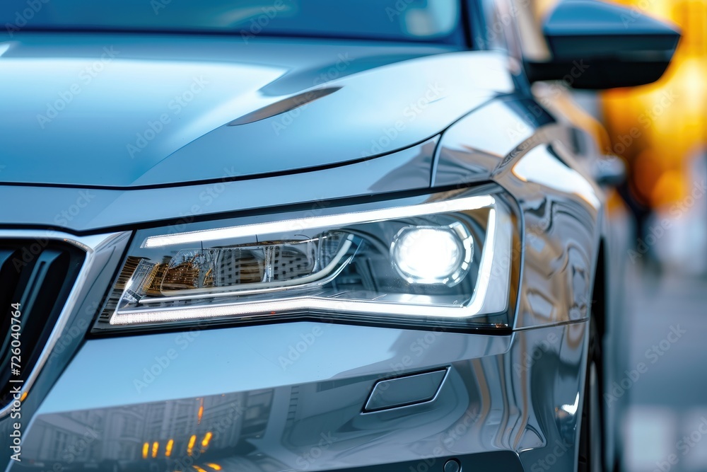Close up of headlights detailing a silver car parked on the road