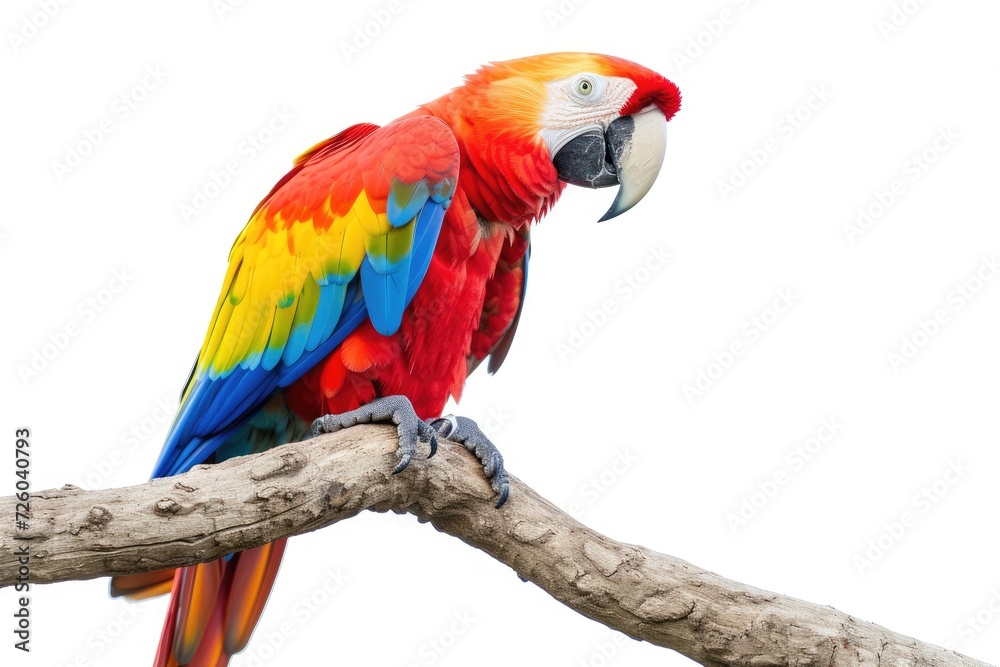 Colorful Scarlet Macaw perched on branch with white background and clipping path