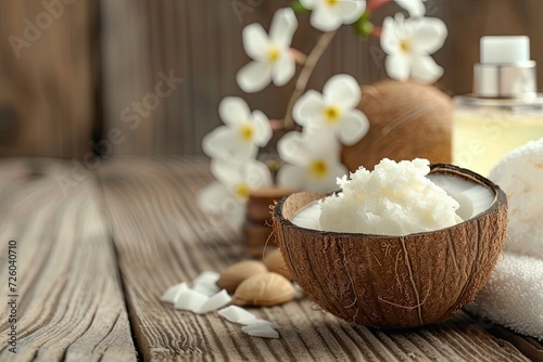 Closeup of cosmetic products on a wooden table including a coconut shell and shea butter