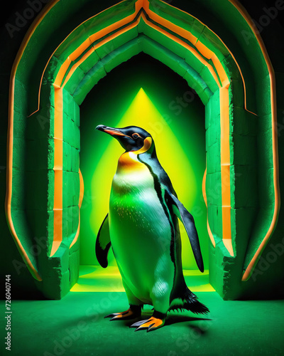 Luminous Penguin - Psychedelic close-up of a penguin with a mysterious doorway in a vibrant and otherworldly backdrop Gen AI photo