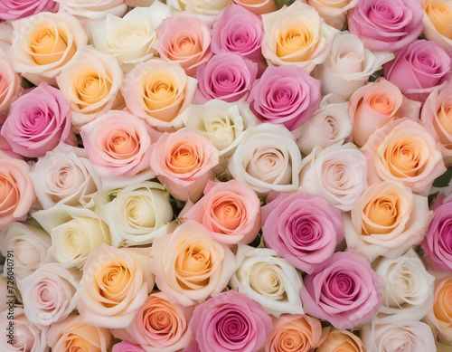 A lot of beautiful colorful roses in pale pastel colors all over the place, for a beautiful bright wall background