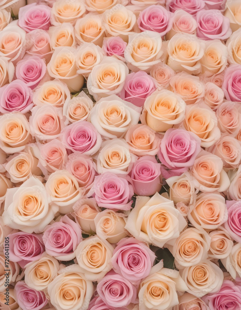 A lot of beautiful colorful roses in pale pastel colors all over the place, for a beautiful bright wall background A lot of beautiful colorful roses in pale pastel colors all over the place, for a beautiful bright wall background