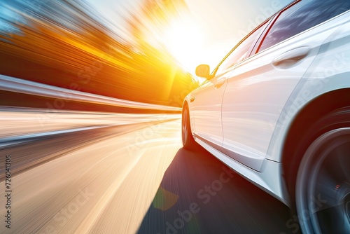 Speeding white car on a sunny freeway