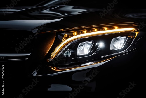 LED headlight on black background with space for text on left photo