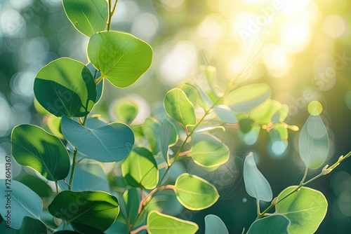 Green leaves of eucalyptus abstract background with sun and space for text photo