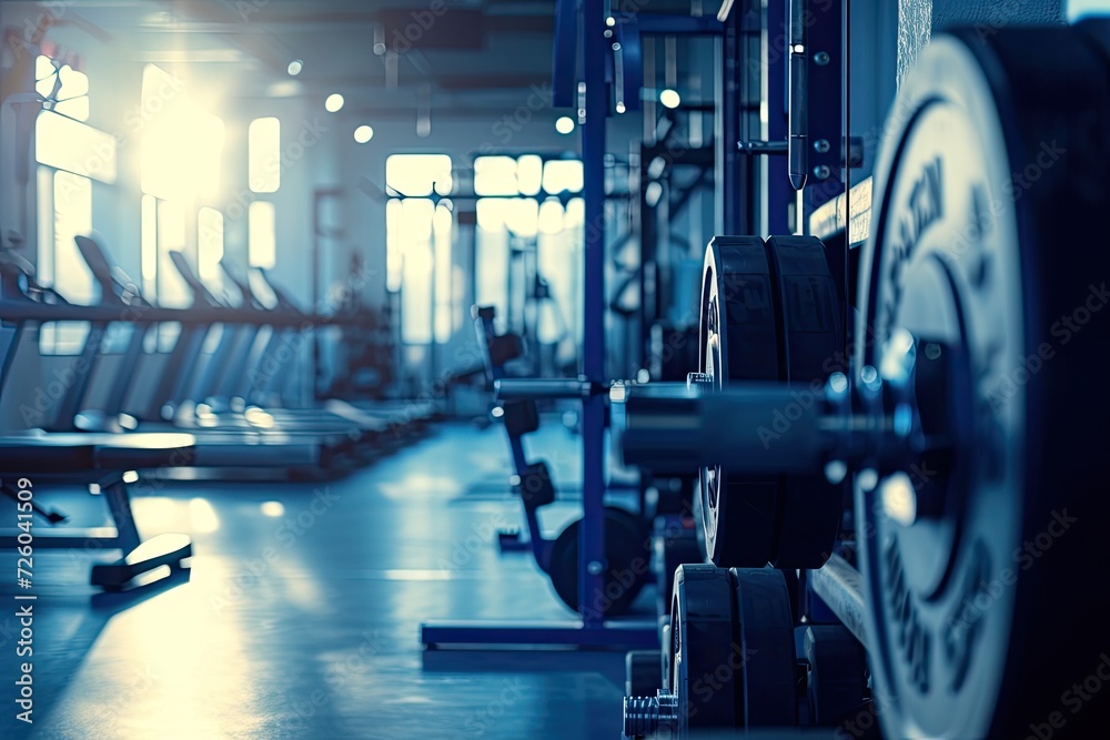 Fototapeta premium Blurry people in motion modern gym with various barbells