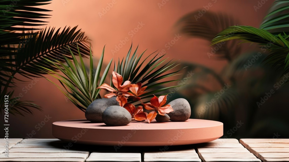 Obraz premium podium product stand or display with leaf, green background and cinematic light