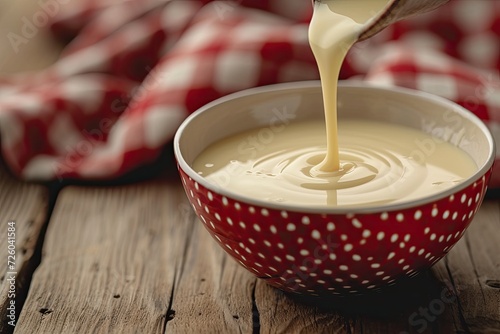 Using condensed or evaporated milk to pour into a bowl photo