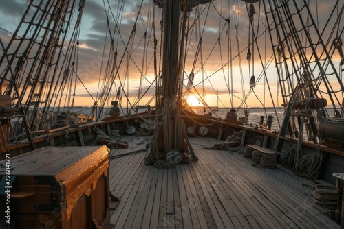 Deck of a wooden pirate ship, history and fantasy concept.