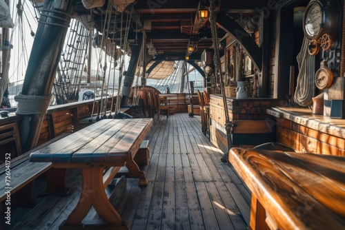 Deck of a wooden pirate ship, history and fantasy concept.