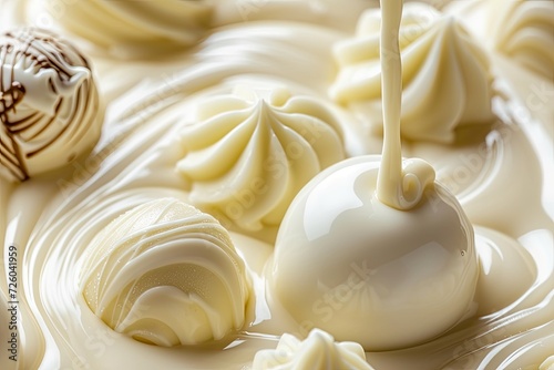 White chocolate candy isolated with sweet milk pouring onto it