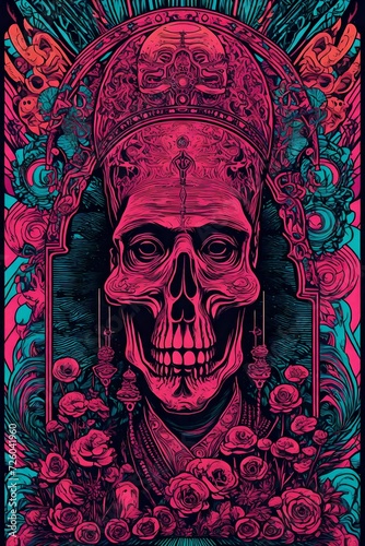 a vintage retro black light psychedelic concert gig band music poster featuring a priest with a skull for a face, skeleton, Halloween