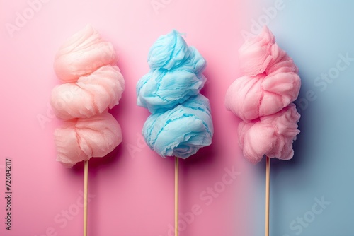 Top view of tasty cotton candy on colored background