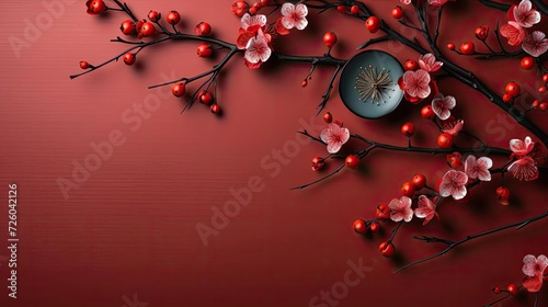 top view of chinese new year background with flower oranament and red background photo