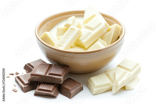 Melted white chocolate with broken chocolate bar on white background photo