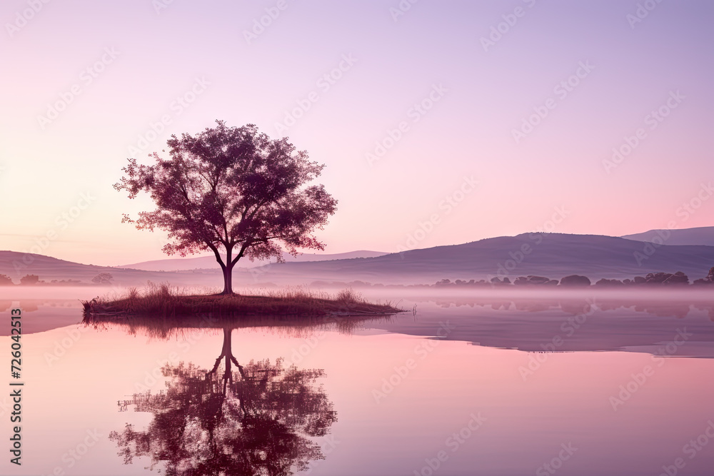one lone tree and a lake during sunrise stock photo, in the style of light pink and pink, one lone tree and a lake during sunrise stock photo, in the style of light pink and pink,