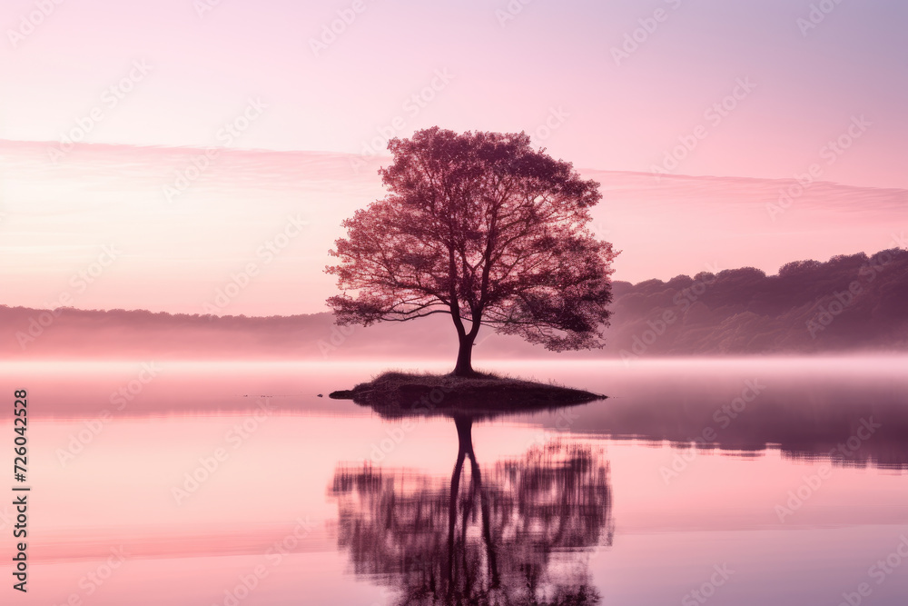 one lone tree and a lake during sunrise stock photo, in the style of light pink and pink, one lone tree and a lake during sunrise stock photo, in the style of light pink and pink,