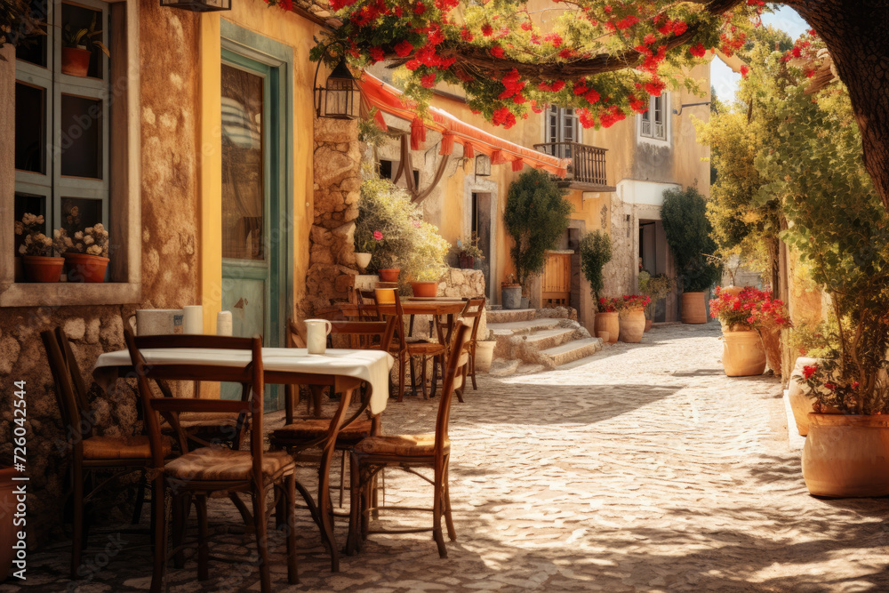 Fototapeta premium Outdoor cafe on a street of typical greek traditional village in Greece. Coffee with food on table for lunch