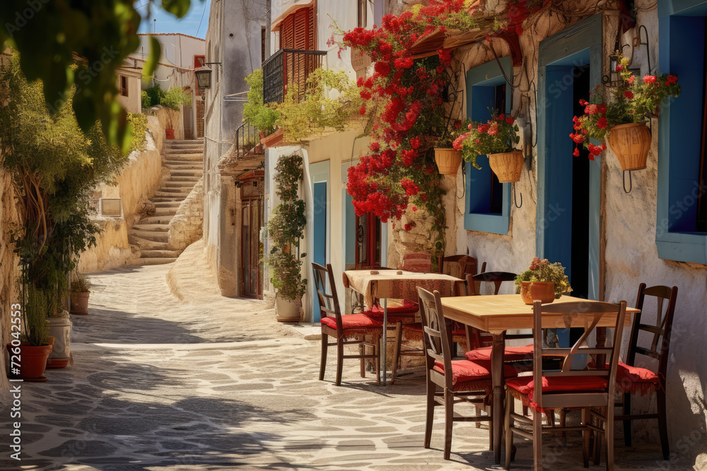 Outdoor cafe on a street of typical greek traditional village in Greece. Coffee with food on table for lunch