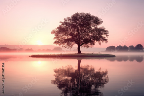 one lone tree and a lake during sunrise stock photo, in the style of light pink and pink,