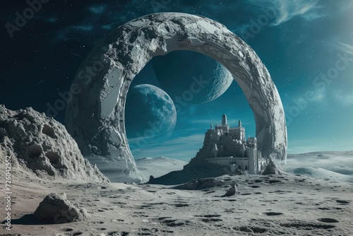 Giant stone portal on the surface of the moon, fantasy and fiction concept.