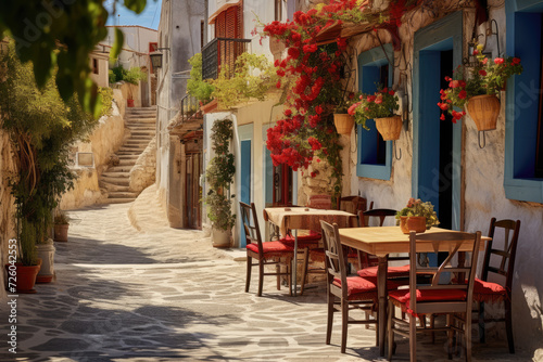 Outdoor cafe on a street of typical greek traditional village in Greece. Coffee with food on table for lunch © ebhanu