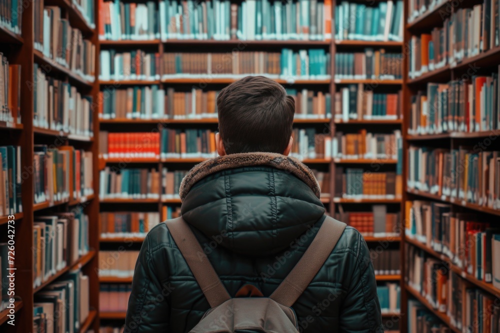 Man from behind looking at a wooden shelf with books in a library, concept of learning, study and knowledge. Man from behind looking at a wooden shelf with books in a library, concept of learning, study and knowledge.