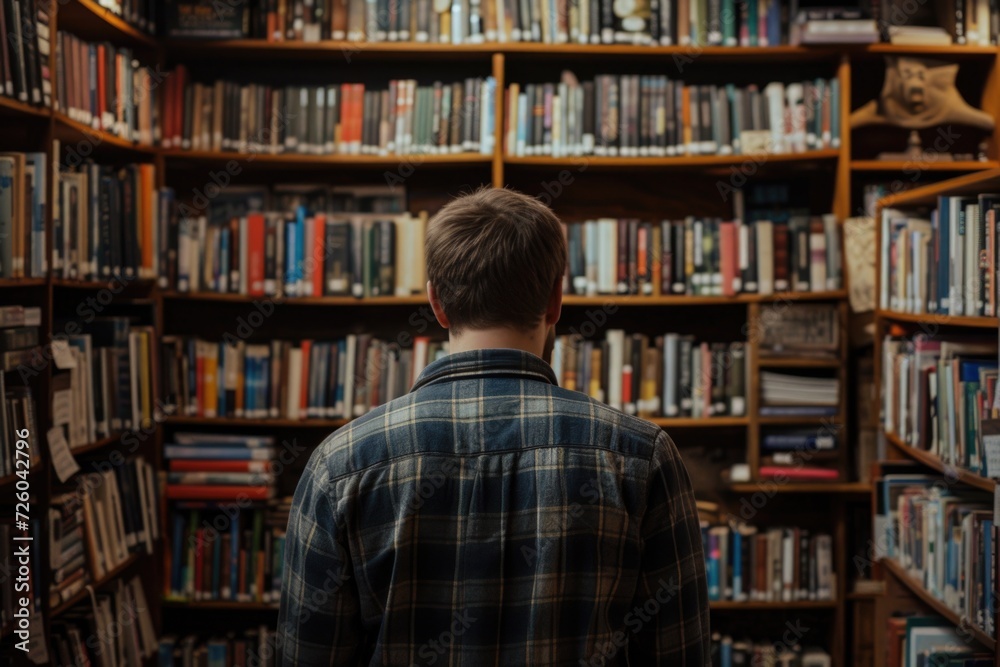 Man from behind looking at a wooden shelf with books in a library, concept of learning, study and knowledge. Man from behind looking at a wooden shelf with books in a library, concept of learning, study and knowledge.