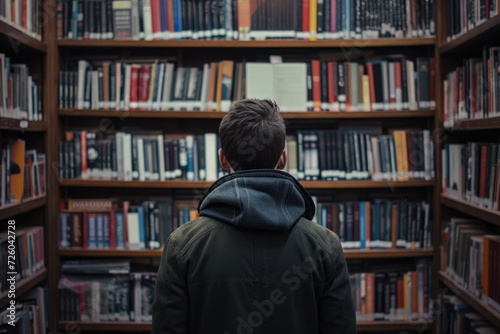 Man from behind looking at a wooden shelf with books in a library, concept of learning, study and knowledge.