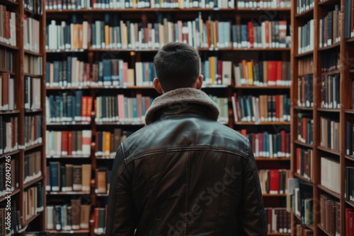 Man from behind looking at a wooden shelf with books in a library, concept of learning, study and knowledge.