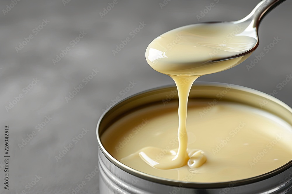 Closeup of condensed milk being poured into a tin can on a grey background Closeup of condensed milk being poured into a tin can on a grey background