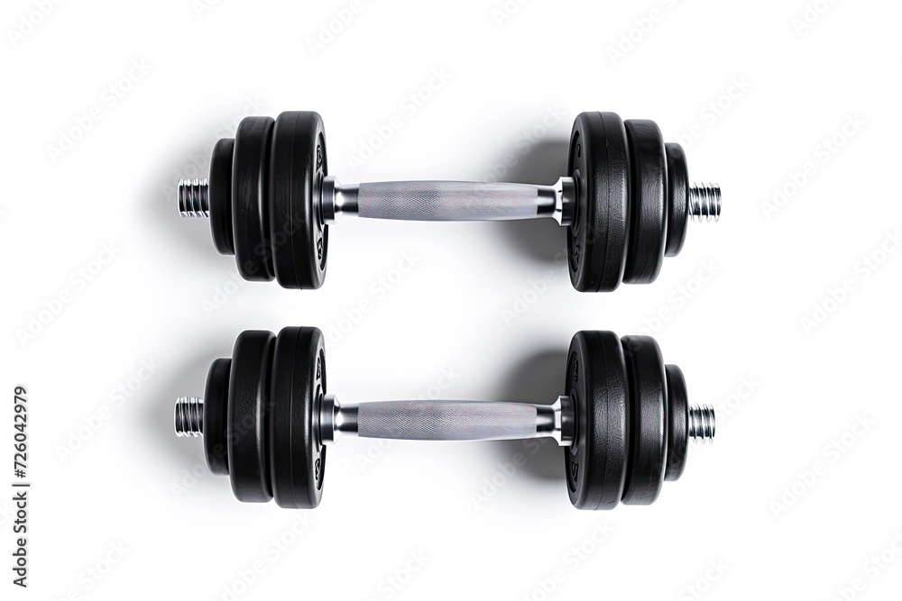 Two gym dumbbells white background space for text Top view flat lay Can be a gym background Two gym dumbbells white background space for text Top view flat lay Can be a gym background