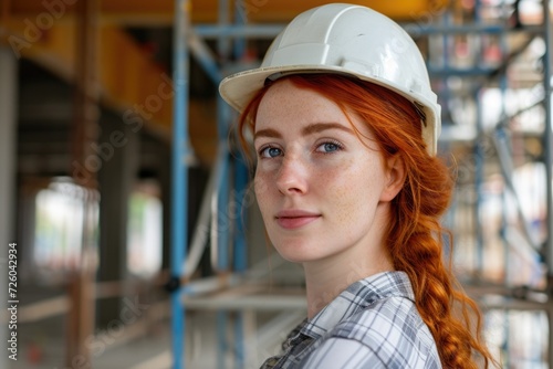 Redhead engineer woman with helmet, construction site in the background, construction concept. © Deivison