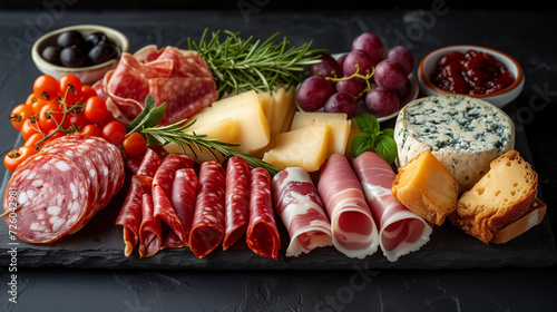 an elegant charcuterie board featuring a delightful combination of cheeses, cured meats, and accompaniments