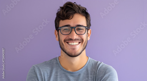 a smiling man wearing glasses in front of a purple background
