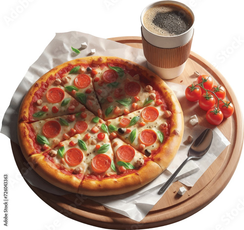 A plate of pizza with a cup of coffee isolated on white background