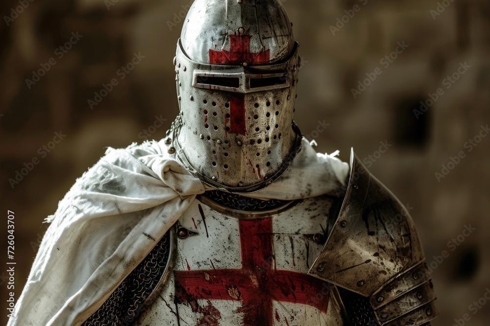 Templar knight with helmet and sword, medieval warrior, fiction and history concept. - obrazy, fototapety, plakaty 