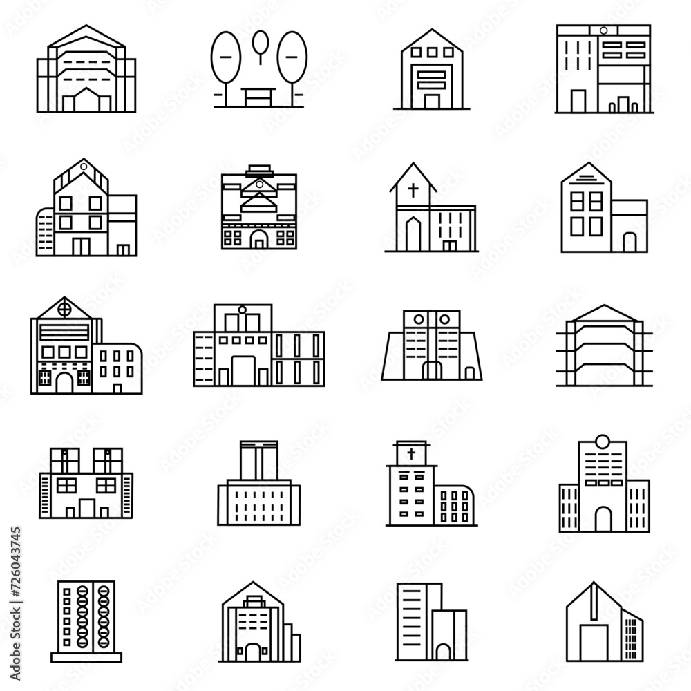 Buildings line icon set. Bank, school, courthouse, university, library. Architecture concept. Can be used for topics like office, city, real estate